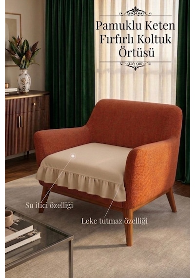 Lüx Fırfırlı Tekli Koltuk Örtüsü Bohem Pamuklu Keten Leke Tutmaz Su İticili Bej