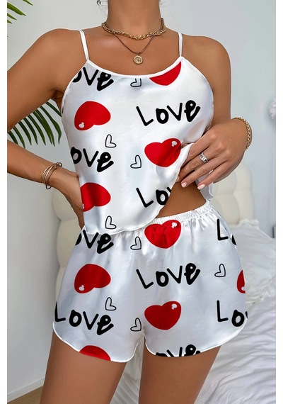 Cojans Love Desenli Saten Şortlu Gecelik Çok Renkli