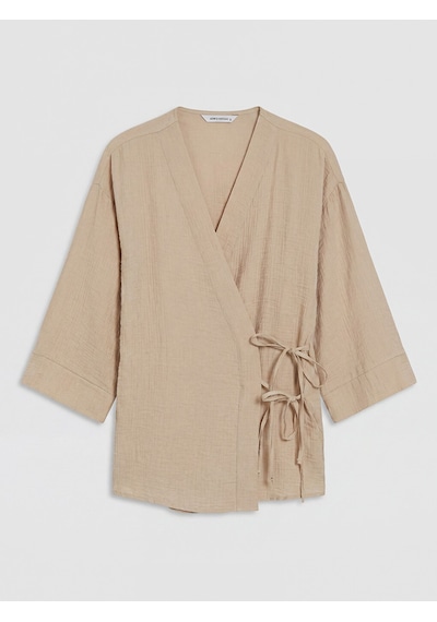 Lcw Everyday Bej Kruvaze Yaka Müslin Oversize Kadın Kimono