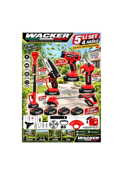 Red 500 Full 5 Li Bahçe Seti Makas 17 Cm Testere Hava Üfleme Çim Biçme Teleskop +4 Akülü