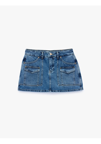 Koton Kargo Cepli Mini Denim Şort Etek Orta İndigo 6sal70031md
