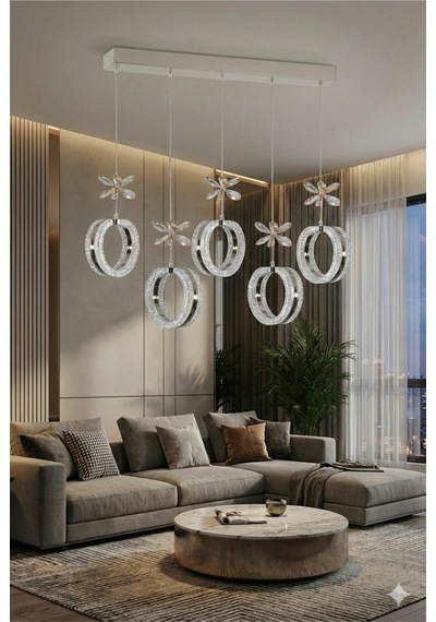 Aurea Model 5"li Gümüş 3 Renk Modu Yemek Masası Oturma Çocuk Yatak Odası Modern Ledli Avize Altın