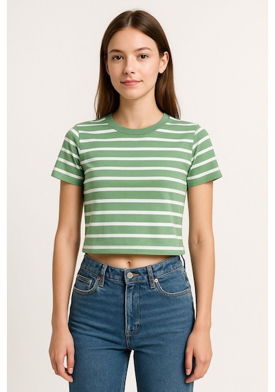 Kadın 3'lü Paket Yeşil-pembe-mavi Crop Tişört Pamuk Bisiklet Yaka T-shirt Çok Renkli
