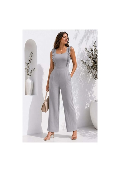 DefyModa Kadın Tasarım Tül Kumaş Kare Yaka Kuşaklı Tulum Gri