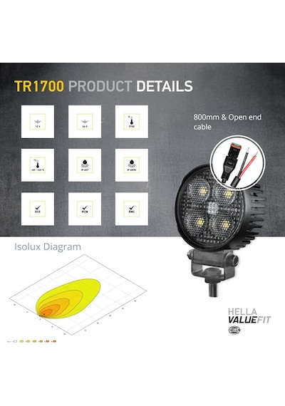 Hella Led-çalışma Farı Tr1700-24/12v - 1700lm - Vidalanmış/montaj - Hareketli Montaj Barı - Yakın Alan Aydınlat
