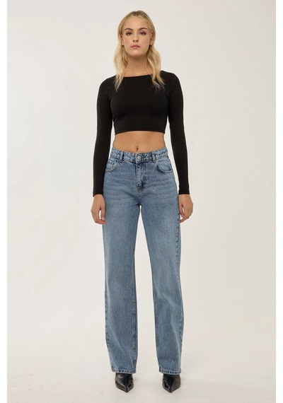 Hiccup Orta Bel Straight Leg Jean Koyu Mavi Denim