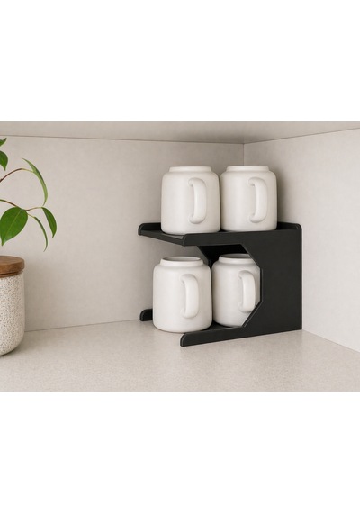 Mutfak Dolap İçi Kupa Organizer Rafı 2 Katlı Bardak Düzenleyici Stand 12x21x13 Cm Siyah