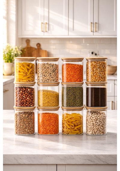 Porsima 5-4 Bambu Vakumlu Kapaklı Kare Borsilikat Cam 12li Kavanoz Seti Saklama Kabı 750ml 7,5x15cm