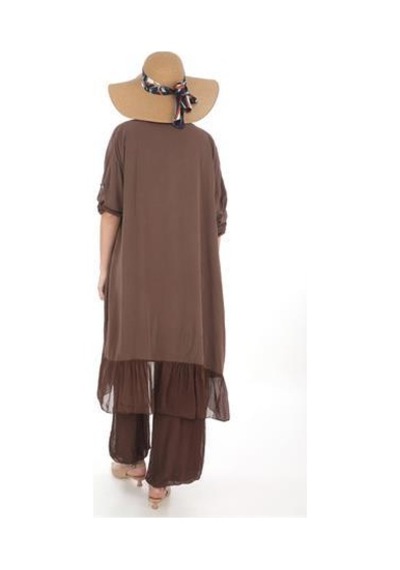 Itayan Ipek Detaylı Oversize Kaftan- Pantolon Takım Açık Kahve Kahverengi