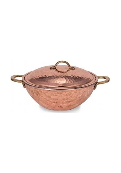Turna Bakır Wok Tava 25 CM Kapaklı El Dövme Kırmızı Turna4812-1