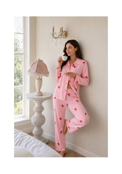 Pemilo Kadın 0623 Süet Dügmeli Pijama Takımı PEMBE