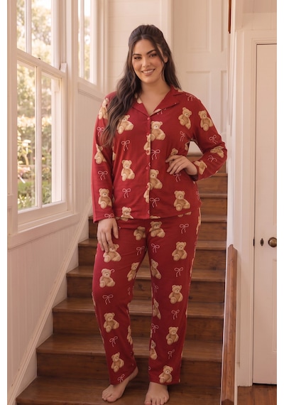 Siyah İnci Desenli Termal Kumaşlı Ultra Soft Yumuşak Büyük Beden Battal Boy Düğmeli Örme Pijama Takımı 26226521 Kırmızı Siyah İnci Desenli Termal Kumaşlı Ultra Soft Yumuşak Büyük Beden Battal Boy Düğmeli Örme Pijama Takımı 26226521 Kırmızı