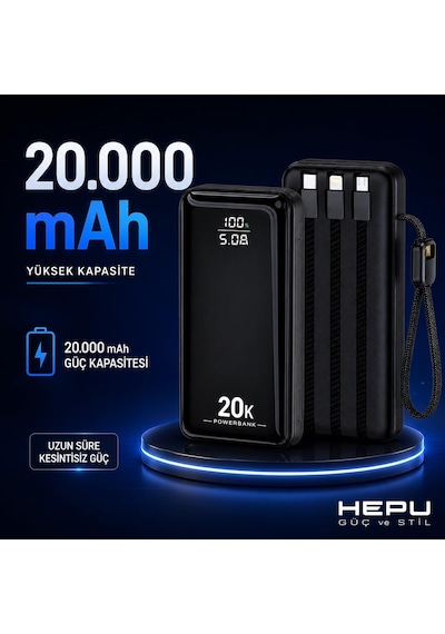 Hp-ap09 Armor Series 20.000 Mah Dahili Kablolu Qualcomm Quick Charge 3.0 Dijital Ekranlı Hızlı Şarj Powerbank - Siyah