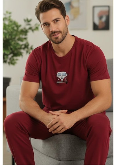 Siyah İnci Kısa Kollu Örme Erkek Pijama Takım 7794 Koyubordo
