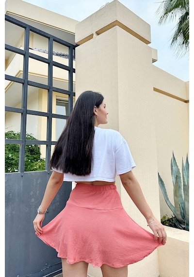 İpli Pembe Renk Bürümcük Kumaş Etek Şort Pembe