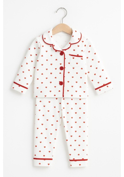 Kız Bebek Kalpli Pamuklu Pijama Takımı Uzun Kollu, 2 Li Set 08757 Beyaz