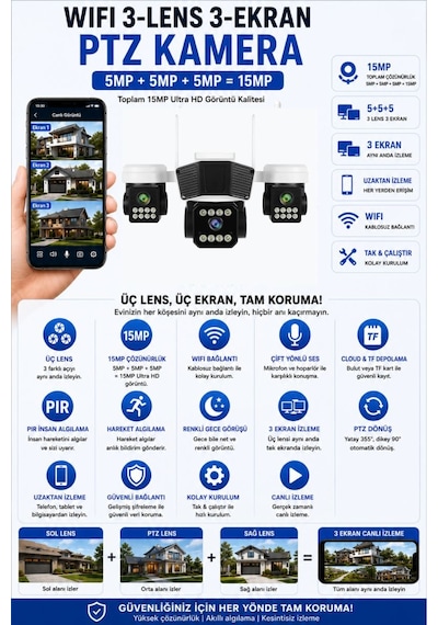 Rx95w Wifi 3 Kameralı Güvenlik Kamerası 15mp Ultra Hd Ptz Hareketli Sesli Gece Görüşlü Akıllı Kamera