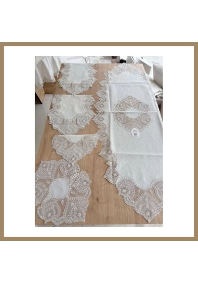 Bezos Salon Takımı Çeyizlik Krem Runner Set 5 Parça Keten Ranır Masa Konsol Sehpa Örtüsü Kartanesi 22