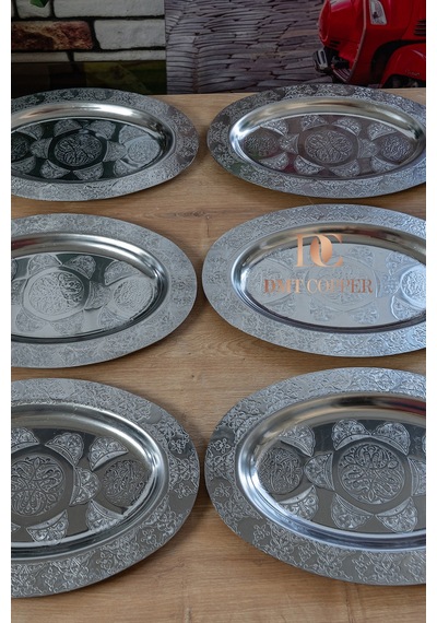 430 Kalite Krom Çelik Nakışlı Kayık 1adet Sunum Tabağı 30x20 Cm Gümüş