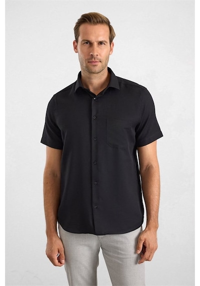 Süvari Siyah Regular Klasik Yaka Düz Twill Torba Cep Düz Kısa Kollu Klasik Gömlek Sgm1007500001-s09