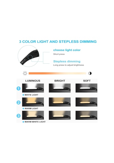 Led Kitap Okuma Işığı Esnek Kitap Boyun Işığı Ayarlanabilir Parlaklık Masa Lambası 3 Renk Okuma