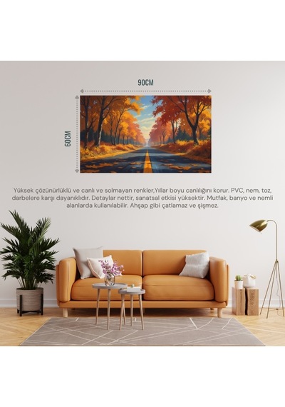Doğa Ve Manzara Yatay Sonbahar Ağaçlarının Arasında Ufka Doğru Uzanan Yalnız Yol 08 Çerçevesiz 90x60cm Pvc Tablo