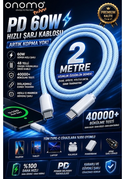 Techno 60w Hızlı Şarj 2 Metre Örgü Kablo Type c Kablosu Apple Uyumlu iPhone Samsung Xiomai Huawei