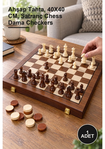 1 Adet Ahşap Mıknatıslı Hazneli Satranç Ve Dama Seti Ahşap Tahta, 40x40 Cm, Satranç Chess Dama Checkers