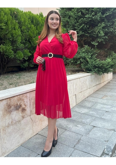 Defymoda Kadın Şifon Kumaş Astalı Kloş Kesim Kruvaze Yaka Midi Boy Elbise Kırmızı