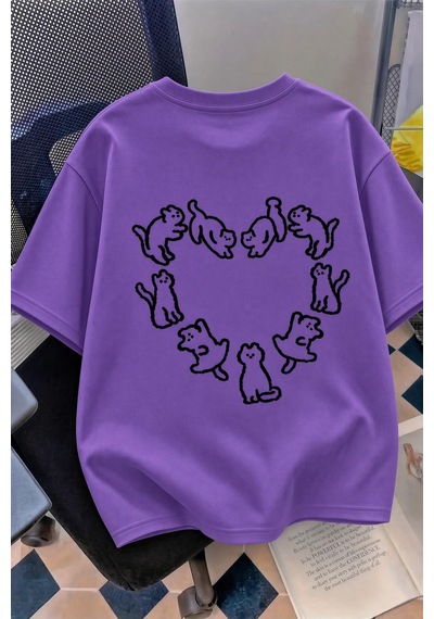 Kedi Kalp Desenli Oversize/rahat Kesim Kısa Kollu T-shirt Mor