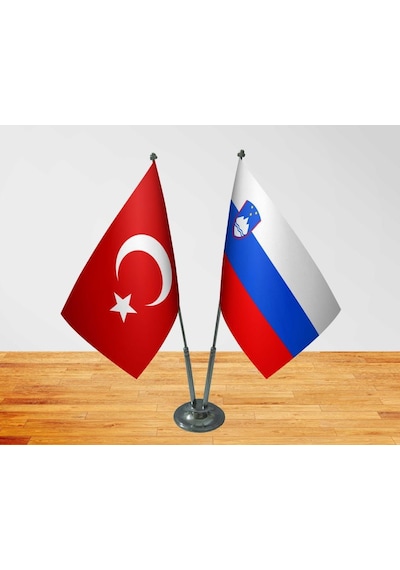 Masa Üstü Slovenya Bayrağı Türk Bayrağı İkili Krom Direk Masa Bay