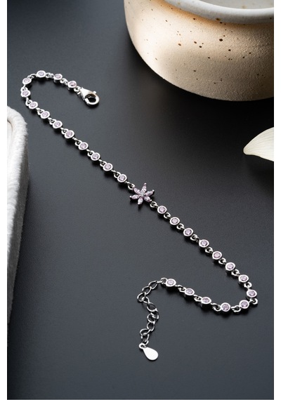 Çekirdekjewelry 925 Ayar Gümüş Pembe Taşlı Lotus Bileklik Gri