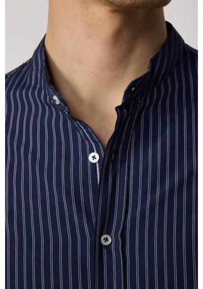 Tudors Slim Fit Uzun Kollu Hakim Yaka Pamuklu Kolay Ütü Çizgili Erkek Lacivert Gömlek-27734 Lacivert