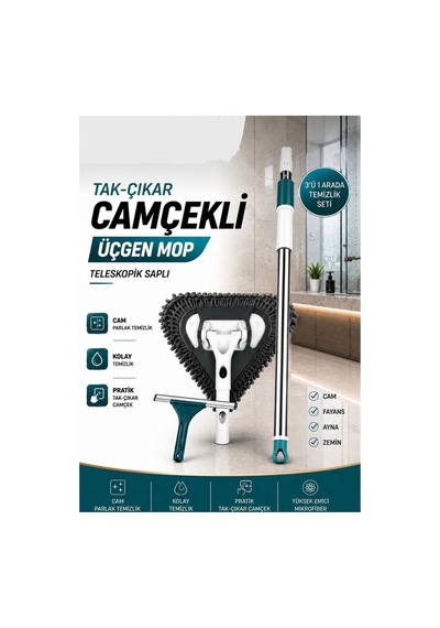Tak Çıkar Lüx Camçekli Üçgen Mop Cam, Fayans, Duvar Ve Zeminler İçin Mikrofiber Temizlik Seti Süpe