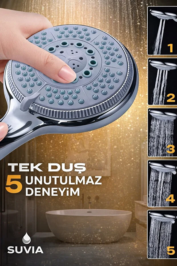 Duş Başlığı Seti 5 Fonksiyonlu Çelik Hortumlu Yüksek Basınçlı Parlak Krom
