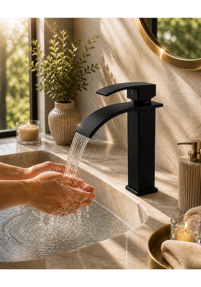 Mat Siyah Lavabo Bataryası Şelale Akışlı Modern Banyo Musluğu Tek Kollu Sabit Lavabo Çift Su Girişli