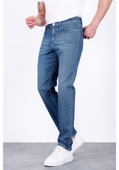 HLT Jeans Erkek Şerit Detaylı Puslu Mavi Regular Fit Boru Paça Esnek Likralı Jeans Kot Pantolon Hlthe001965 Beyaz - Mavi