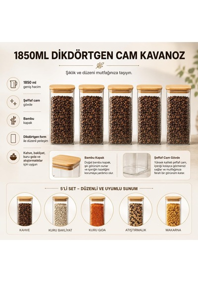 5'li 1850 Ml Dikdörtgen Cam Kavanoz Seti, Bambu Kapaklı Hava Geçirmez Erzak Saklama Kabı, Makarna Kahve Bakliyat Ve Genel