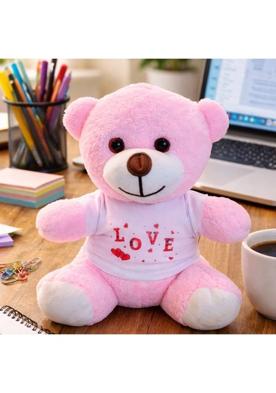 Love Tişörtlü Pembe Peluş Ayıcık Çok Renkli