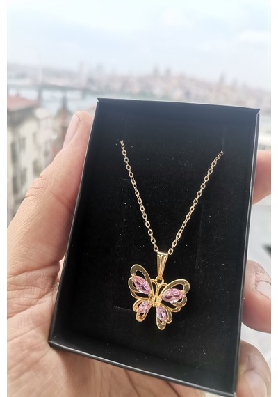 Ervanur Altın Kaplama Pembe Zirkon Taşlı Kelebek Kolye Altın