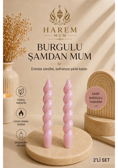 Gül Kurusu Burgulu Şamdan Mum 2'li Set Pembe
