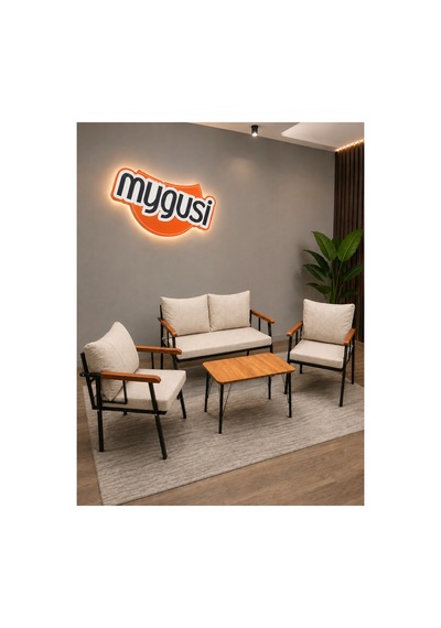 Mygusi Erva Serisi Balkon, Bahçe, Cafe - Metal Kanepe Koltuk Takımı - 211 40 70 Sehpalı - Krem