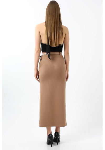 Winmoda34 Kadın Uzun Kemerli 92cm Maxi Boy Yırtmaçlı Süet Etek Bej