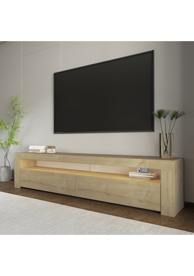Batı Led Işıklı 2 Kapaklı Tv Sehpası 150 Cm Minimal Tasarım Safir Meşe