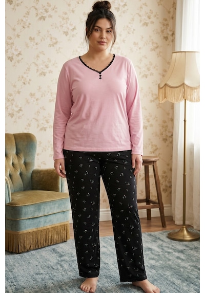 Siyah İnci Pembe Desenli Düğmeli Büyük Beden Battal Boy Viskon Örme Pijama Takım 26224831