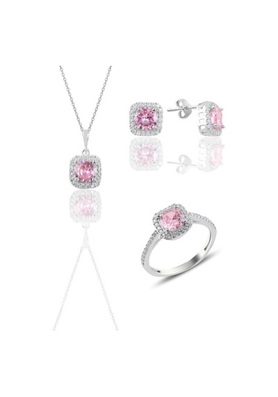 Gümüş Rodyumlu Pembe Taşlı Kare Üçlü Set