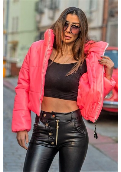 Pembe Dik Yaka Kısa Deri Şişme Mont