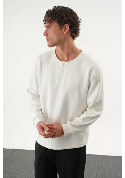 Redline Taren Oversize Erkek Kışlık Düğmeli Sweatshirt BEYAZ