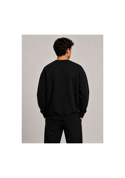Herkesemoda Work Harder Baskı Detaylı Bisiklet Yaka Şardonlu 2 İplik Sweatshirt Siyah