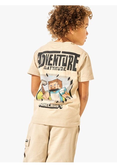 Miniko Kids Erkek Çocuk Sıfır Yaka Mınecraft Modelli Pamuk Tişört Bej